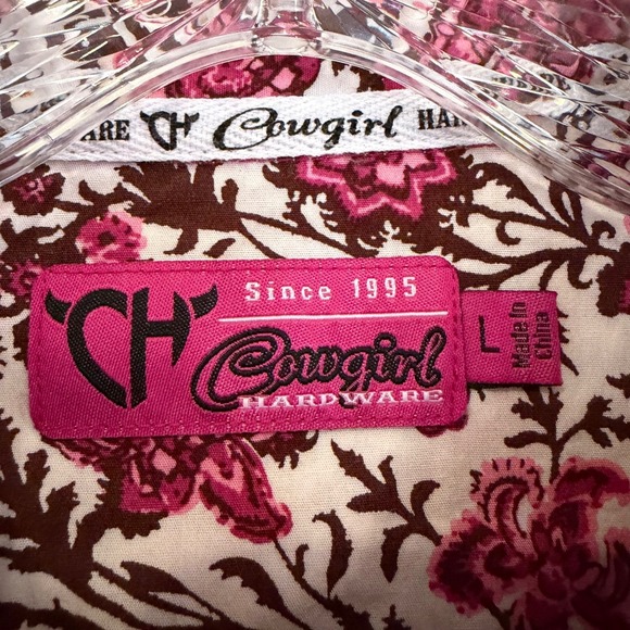 Cowgirl Hardware Floral‎ Pearl Snap Western Shirt Women's L Pink Brown Festival - Picture 4 of 13